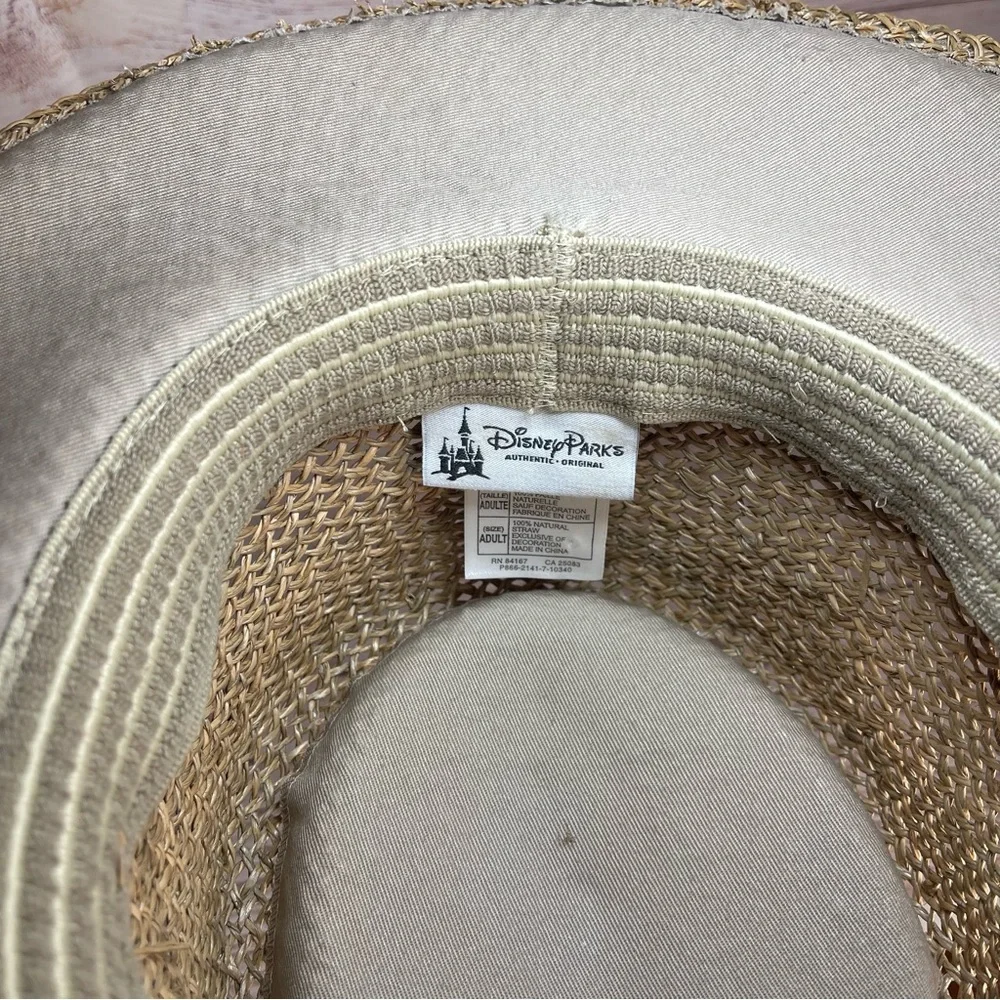 Walt Disney World Flat Brim Hat Natural Straw Black Ribbon Adult Size Parks Sun - Picture 7 of 8